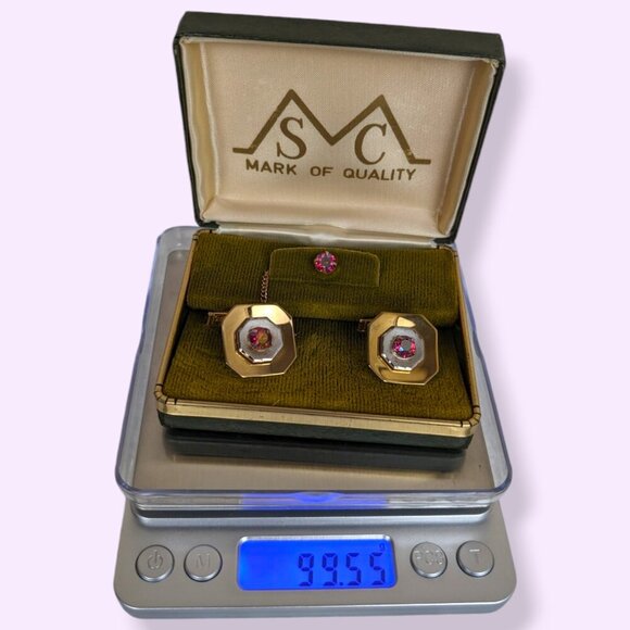 Vintage Red Glass Cufflink & Tie Pin Set - Picture 8 of 8